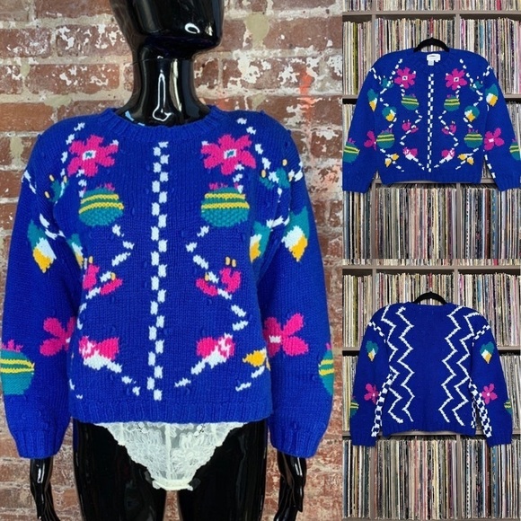 1980s Jennifer Reed Petite Hand Knitted Popcorn Sweater in Bright Florals Size M - Picture 6 of 6